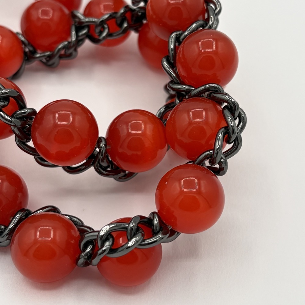 TULESTE Woven Gunmetal Chain Red Marble Bead Choker Collar Statement Necklace